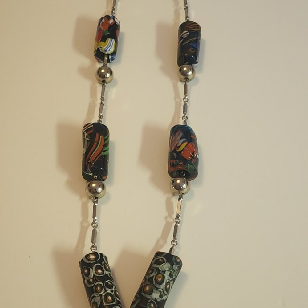 Vintage Murano Millefiori Beaded Cylindrical Necklace long 17 inches doubled